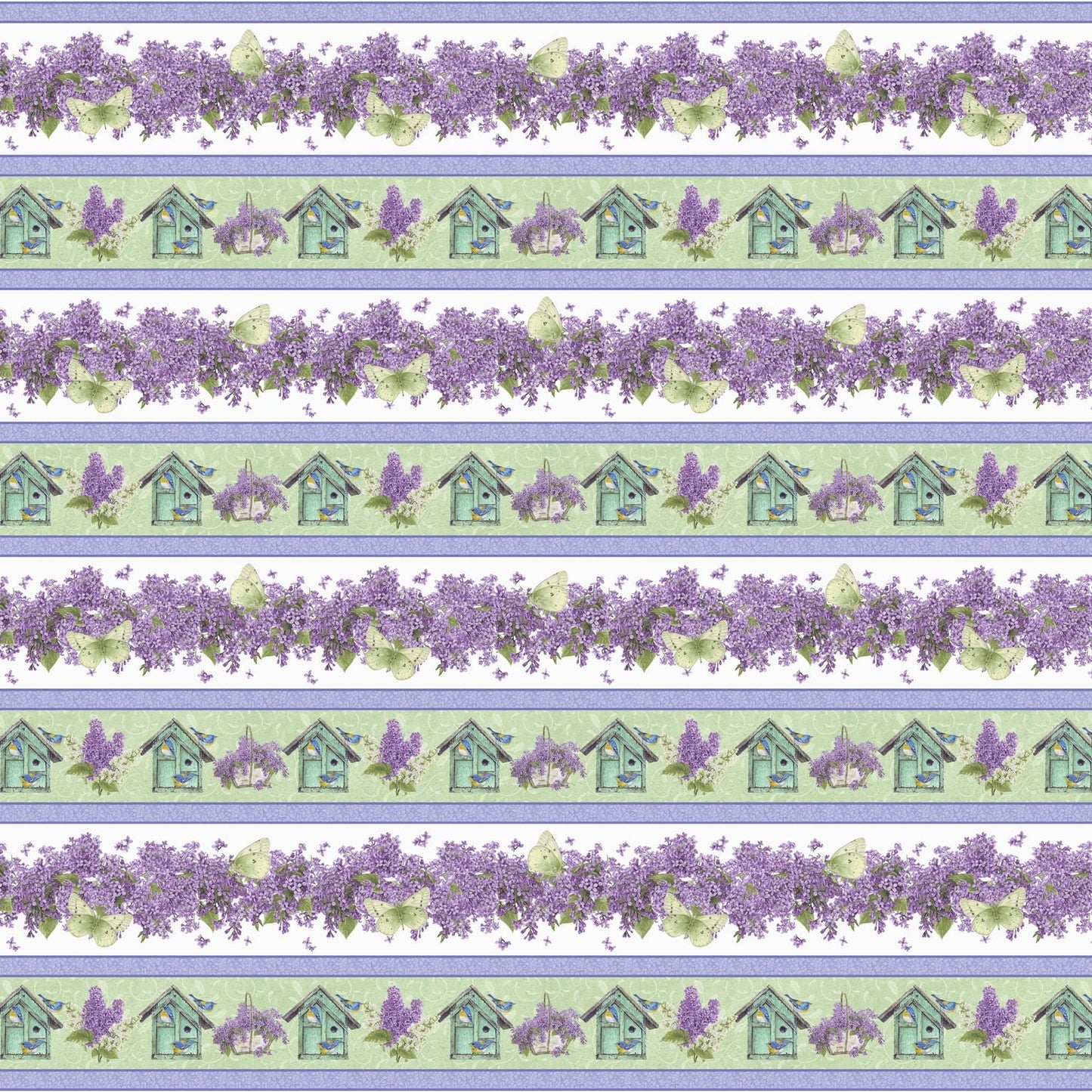 Bloomerang Border Stripe Lilac Bird House Multi Jane Shasky Henry Glass Cotton Fabric