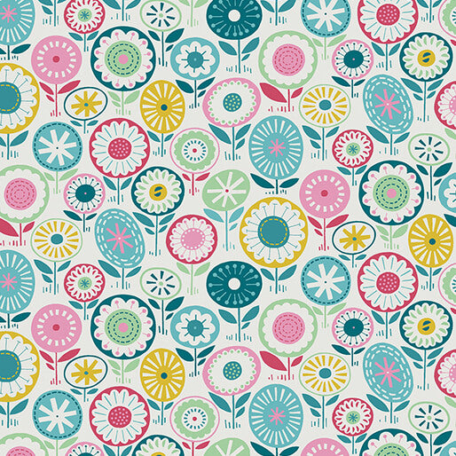 Blooming Color Josie Allover Floral Geometric Turquoise Blue Multi Wolff Paper Benartex Cotton Fabric
