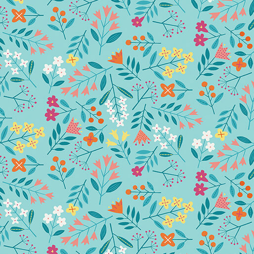 Blooming Color Lucy Tossed Floral Light Turquoise Blue Wolff Paper Benartex Cotton Fabric