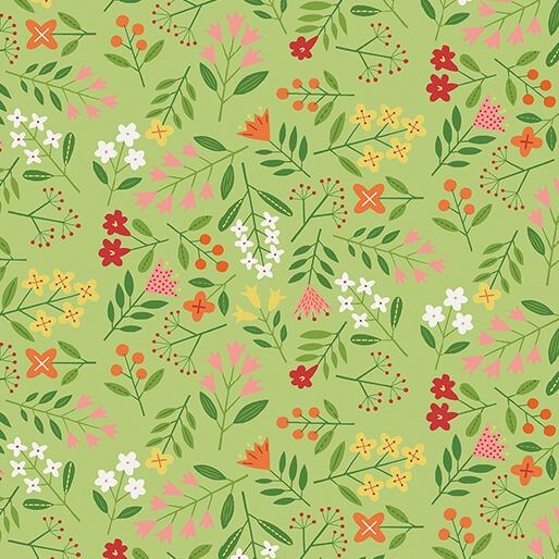 Blooming Color Lucy Tossed Floral Lime Green Wolff Paper Benartex Cotton Fabric