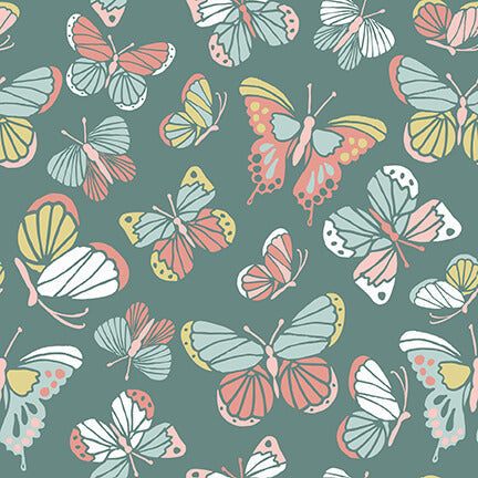 Blossom and Grow Butterfly Toss Teal Maureen Fiorellini Studio E Cotton Fabric