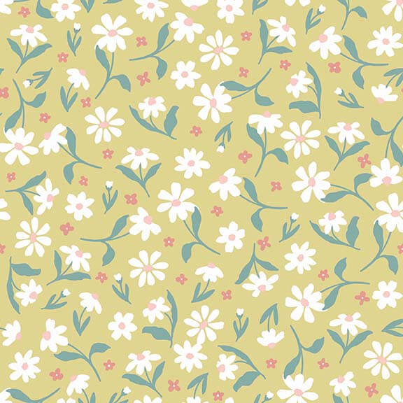 Blossom and Grow Daisy Toss Light Gold Maureen Fiorellini Studio E Cotton Fabric