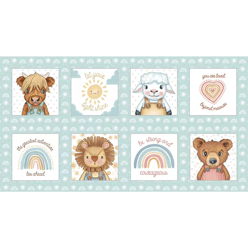 Boho Buddies Block Panel 24" Light Teal Sharon Kuplack Henry Glass Cotton Fabric HG-1723P-16