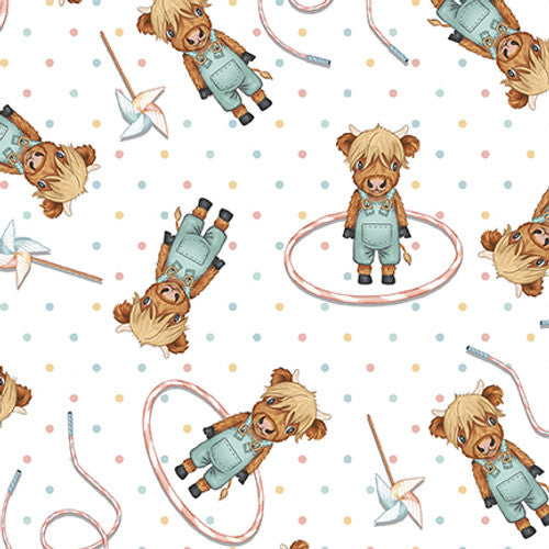 Boho Buddies Steers White Sharon Kuplack Henry Glass Cotton Fabric HG-1720-01