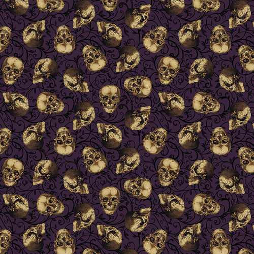 Bones Tossed Skulls Dark Plum Melissa Wang Studio E Cotton Fabric
