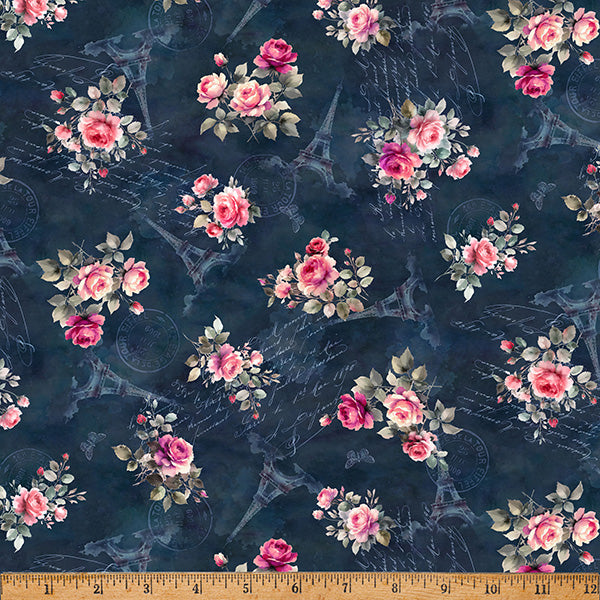 Bonjour Belle Bouquet Toss Deep Blue Hoffman Fabrics Cotton Fabric HF-X5726-682