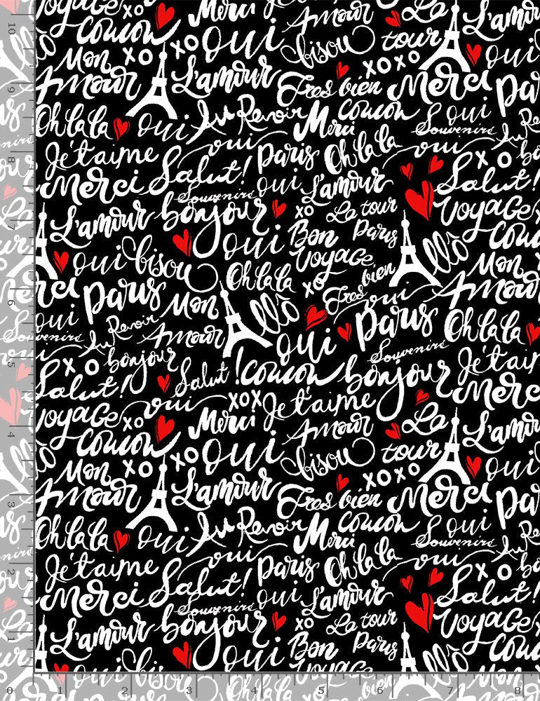 Bonjour Parisian Words Black Timeless Treasures Cotton Fabric TT-C8691-Black