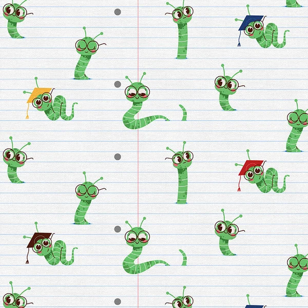 Book Worm Notebook Worms with Lines White Paintbrush Studios Cotton Fabric PBS-120-26521