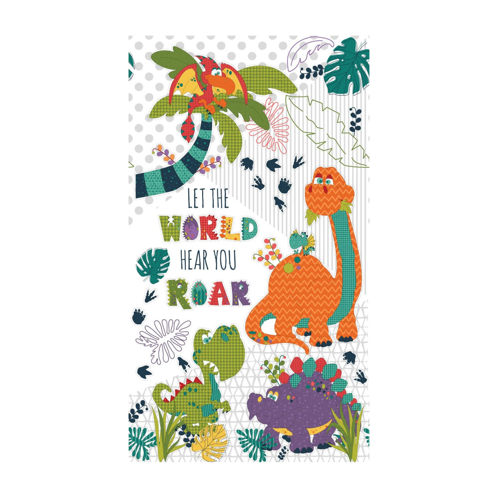 Born To Roar Dinosaurs Panel 24" Light Gray Henry Glass Cotton Fabric