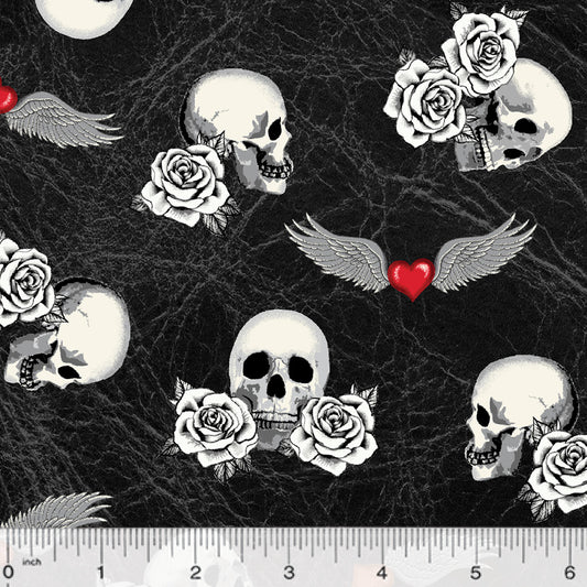 Born to Ride Tattoo Skulls and Roses Black Whistler Studios Windham Fabrics Cotton Fabric WF-52241-3