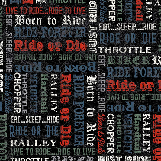 Born to Ride Words Text Black Windham Fabrics Cotton Fabric WF-52243-3