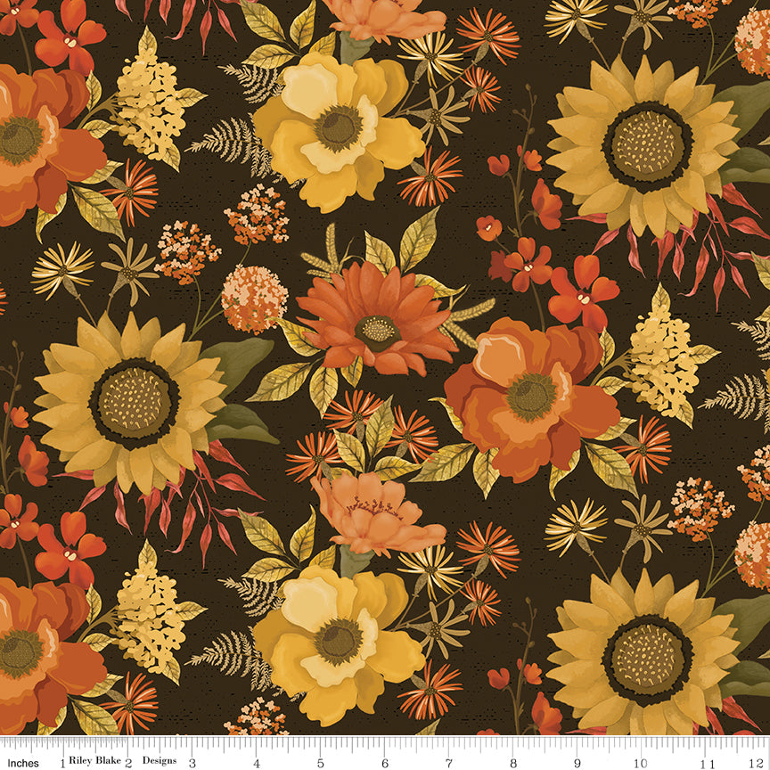 Bountiful Main Floral Mocha Brown Sandy Gervais Riley Blake Designs Cotton Fabric RB-C17860-MOCHA