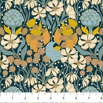 Bramble and Bloom Bramble Bush Birds Blue Katie O'Shea FIGO Northcott Cotton Fabric NC-FIGO-91367-45