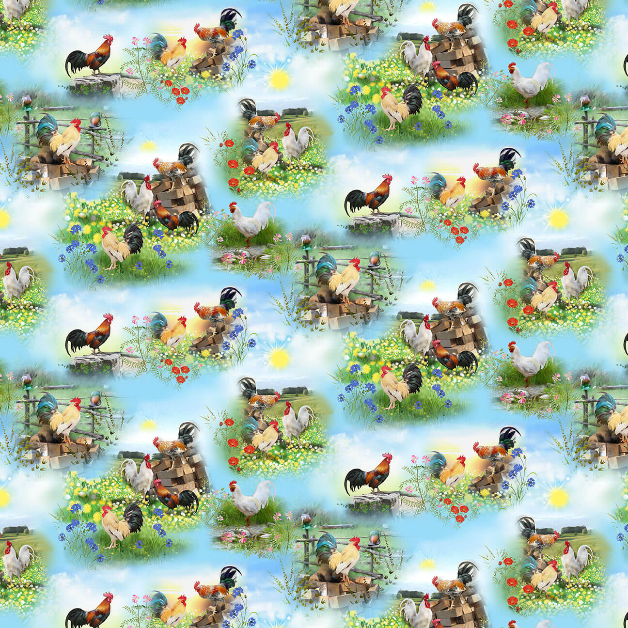 Break of Dawn Chicken And Rooster Scenes Blue Sinead Jones Blank Quilting Cotton Fabric | US Fabric Shop