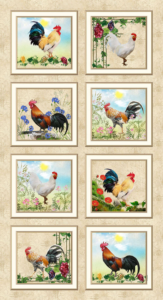 Break of Dawn Rooster Block Panel 24” Tan Sinead Jones Blank Quilting Cotton Fabric BQ-2613P-35