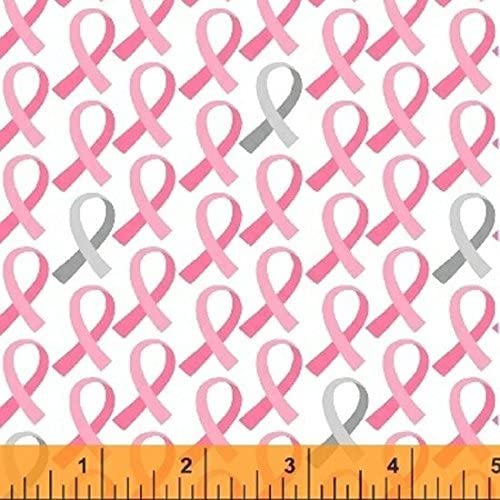 Breast Cancer Awareness Pink Gray Accent Ribbons White Whistler Studios Windham Cotton Fabric