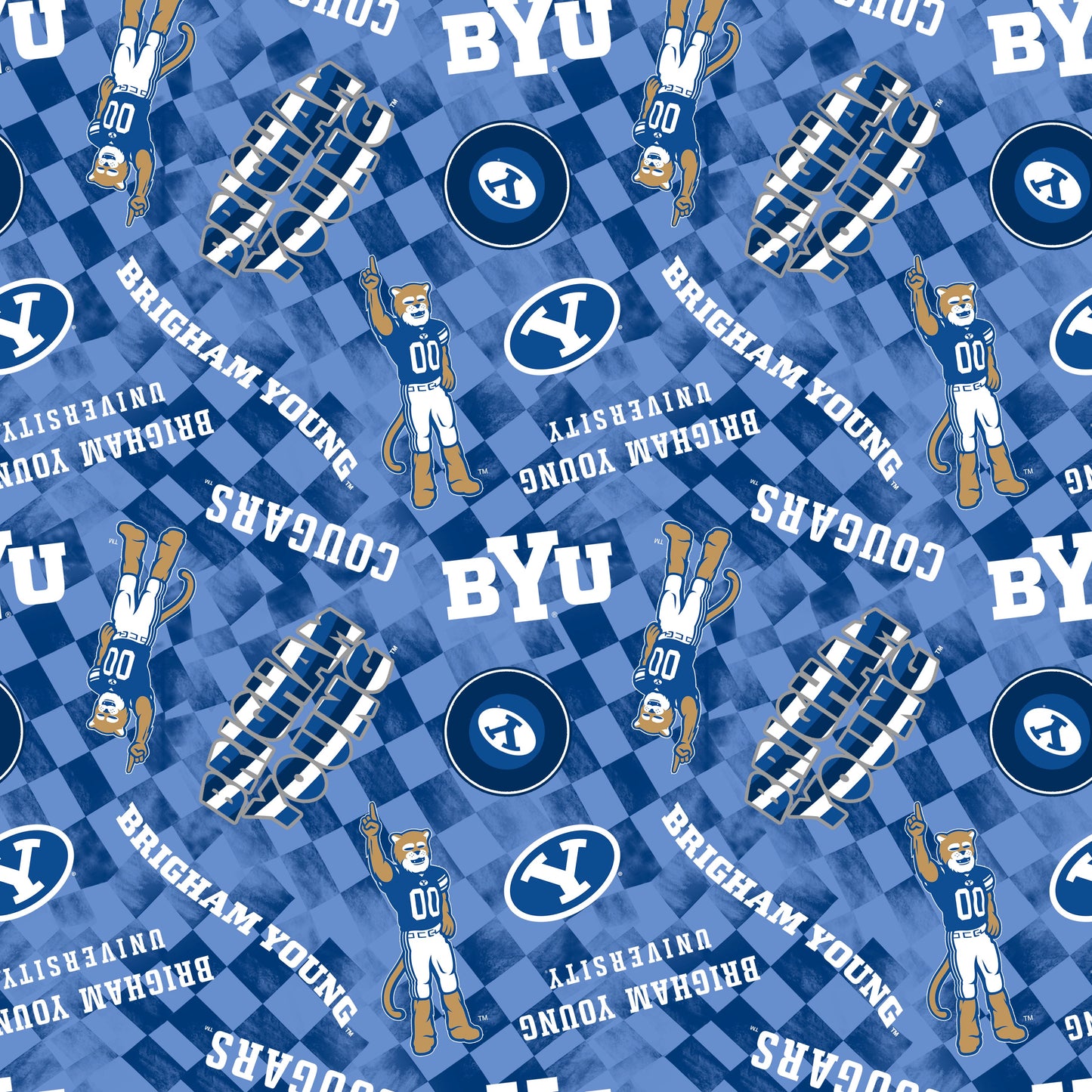 Brigham Young Cougars NCAA College Checks Blue Sykel Enterprises Canvas Duck Cloth Cotton Fabric BYU-1380-BLUE