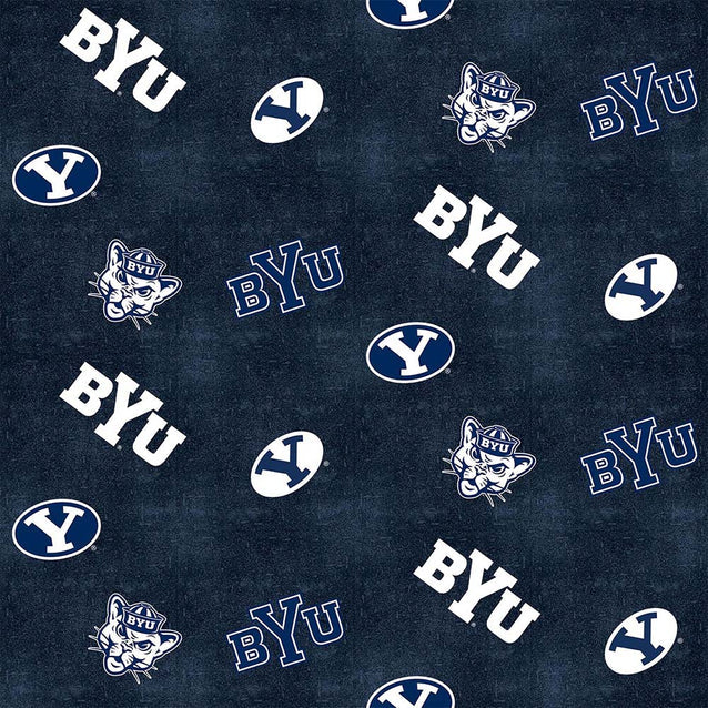 Brigham Young Cougars NCAA College Distressed Logo Sykel Enterprises Cotton Flannel Fabric BYU-1152