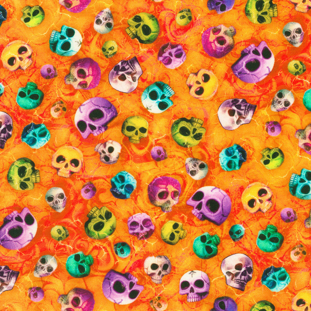 Bright Frights Skulls Ember Orange Catriona Crehan Robert Kaufman Cotton Fabric RK-RCCD-23088-285