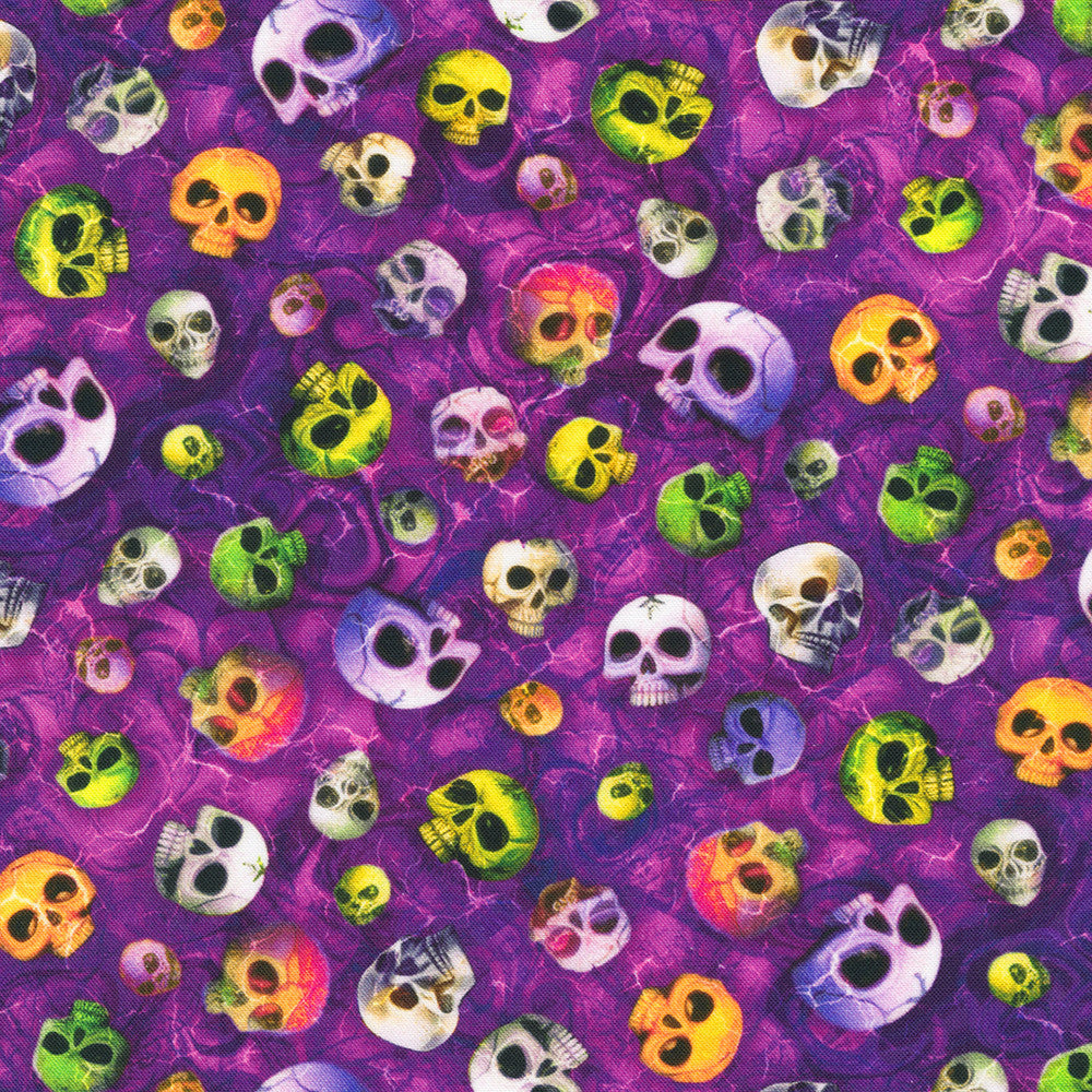 Bright Frights Skulls Violet Catriona Crehan Robert Kaufman Cotton Fabric RK-RCCD-23088-22