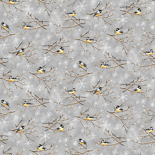 Bundle-Up Chickadees Gray Barb Tourtillotte Henry Glass Cotton Fabric