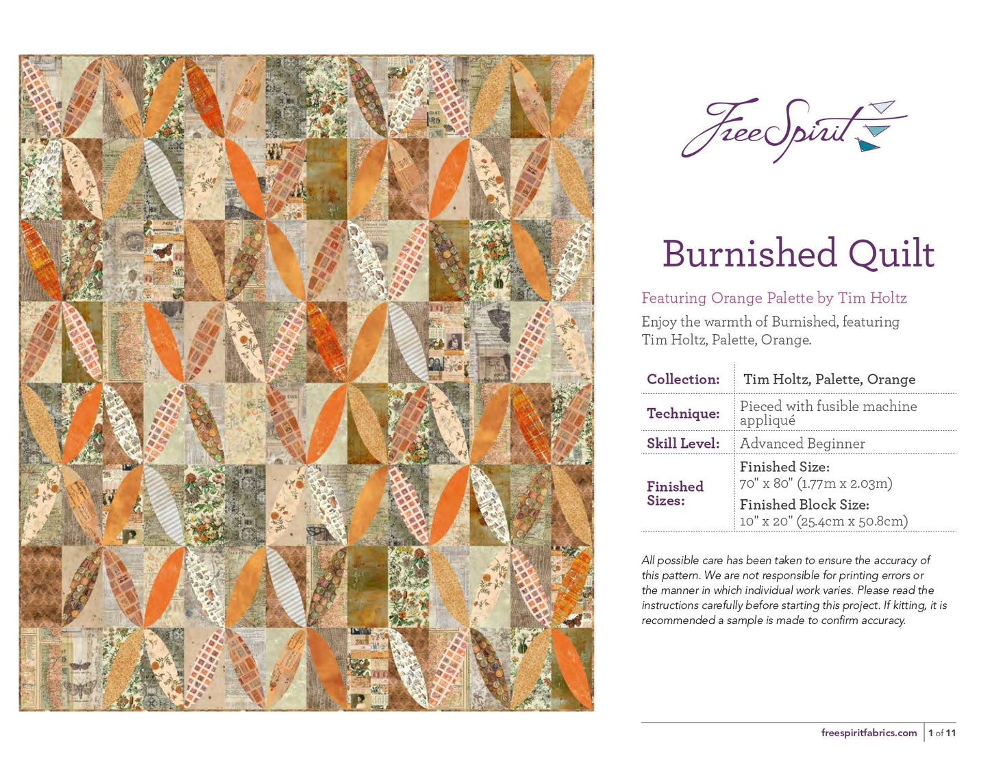Burnished Quilt Eclectic Elements Orange Palette Tim Holtz Free Spirit-FREE PATTERN