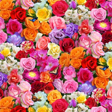 Burst of Color Roses Colored Packed Multi Elizabeth's Studio Cotton Fabric ES-663 Multi