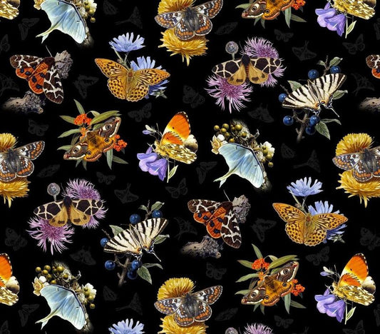Butterflies and Moths Black Elizabeth's Studio Cotton Fabric