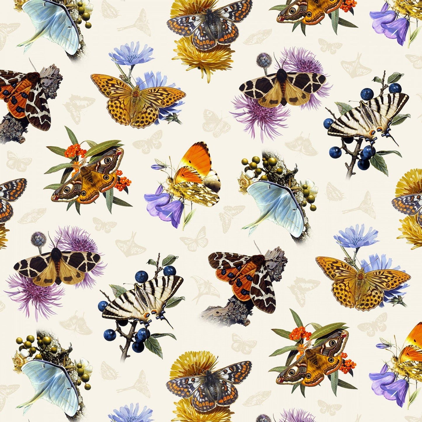 Butterflies and Moths Butterflies & Flowers Cream Elizabeth's Studio Cotton Fabric