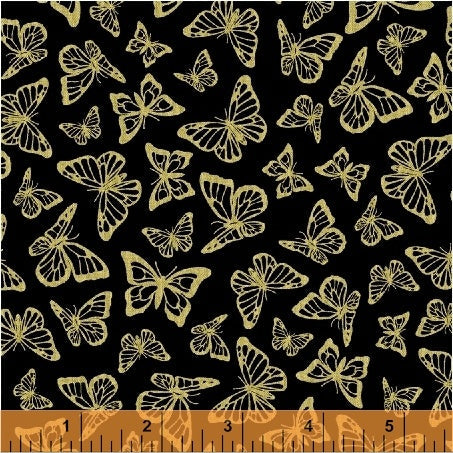 Precious Metal Butterflies Metallic Gold Black Windham Cotton Fabric WF-51407M-1