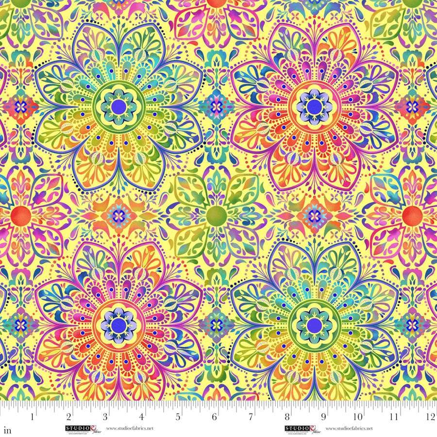 Butterfly Boutique Medallions Yellow Elizabeth Isles Studio E Cotton Fabric SE-8602-33 | US Fabric Shop