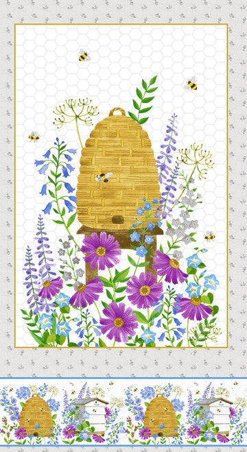 Buzzy Bee Floral Beehives Panel 24" Multi Jane Alison Henry Glass Cotton Fabric HG-953P-09