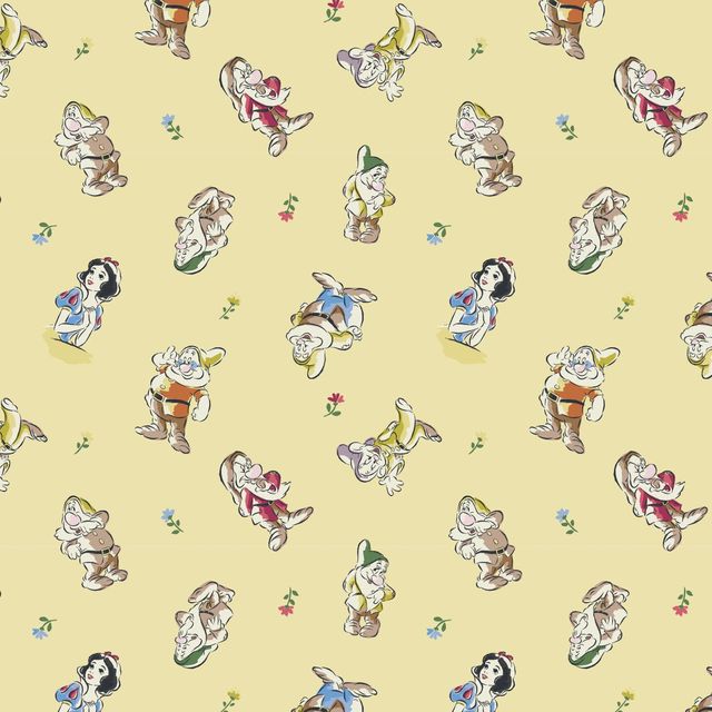Snow White and the Seven Dwarfs Cast Toss Yellow Camelot Cotton Fabric