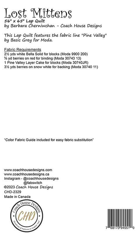 Pine Valley Lost Mittens Quilt Pattern 56"x56" Cherniwchan Barb Coach House Designs CHD-2329