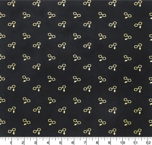 Harry Potter Glasses and Bolt Black Gold Metallic Textured Cotton CI-16663221