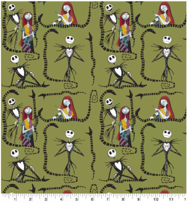 Nightmare Before Christmas Jack and Sally Snake Green Cotton Fabric CI-NBC-6678