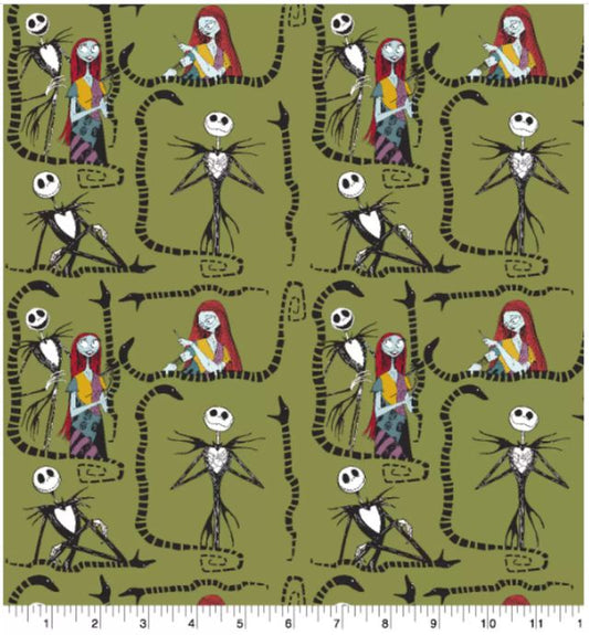 Nightmare Before Christmas Jack and Sally Snake Green Cotton Fabric CI-NBC-6678