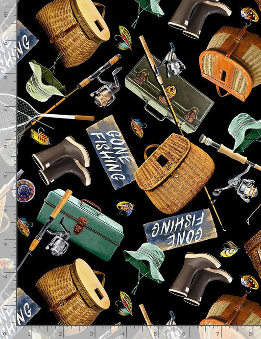Cabin Rules Fishing Gear Black Timeless Treasures Cotton Fabric TT-NATURE-CD6403-BLACK