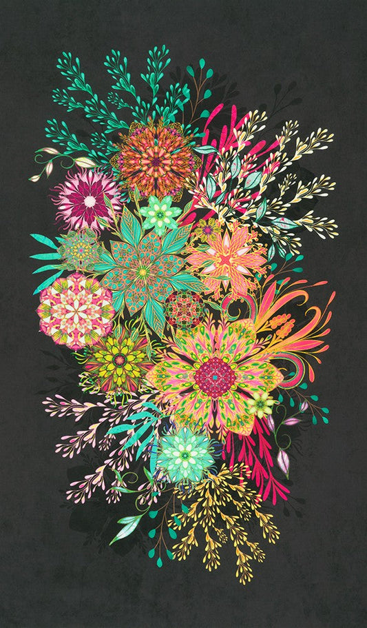 Calixta Floral Panel 25" Bouquet Black Christiane Marques Robert Kaufman Cotton Fabric RK-AQSD-22766-473