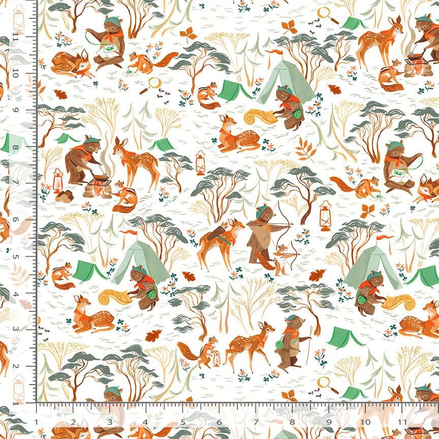Camping Crew Woodland Animals Cute White Rae Richie Dear Stella Cotton Fabric DS-DRR3306-White | US Fabric Shop