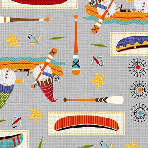 Camping Gnomes Canaoes Gray Lori Nawyn Studio E Cotton Fabric SE-8253-19
