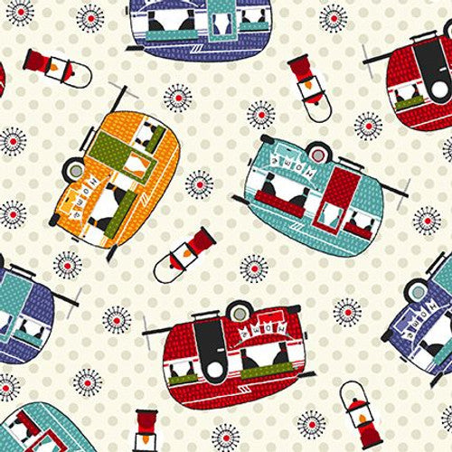 Camping Gnomes Tossed Campers Off White Lori Nawyn Studio E Cotton Fabric SE-8255-30