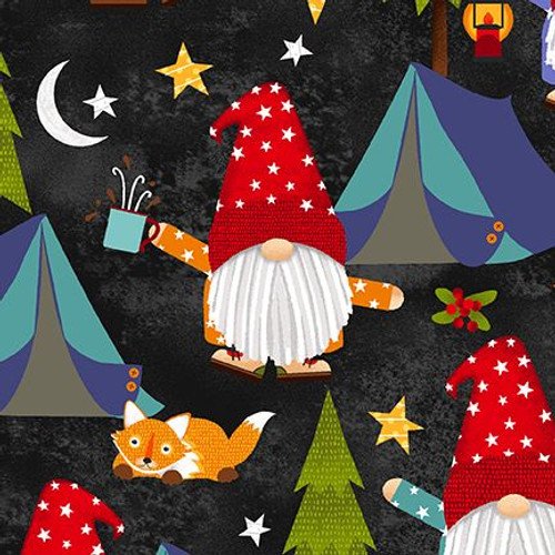Camping Gnomes Dark Charcoal Lori Nawyn Studio E Cotton Fabric SE-8250-99