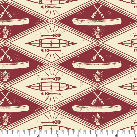Canoe Routes Adventure Badge Cream Red Twig Spark Phoebe Cotton Fabric