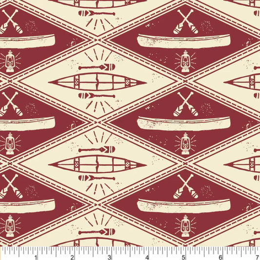Canoe Routes Adventure Badge Cream Red Twig Spark Phoebe Cotton Fabric