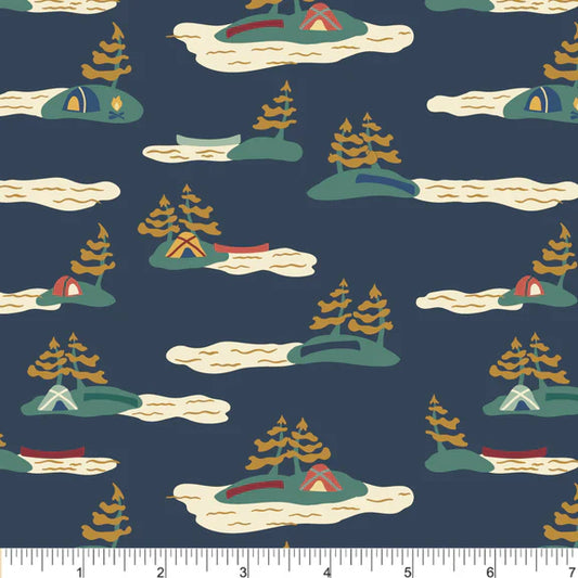 Canoe Routes Island Getaway Blue Twig Spark Phoebe Cotton Fabric