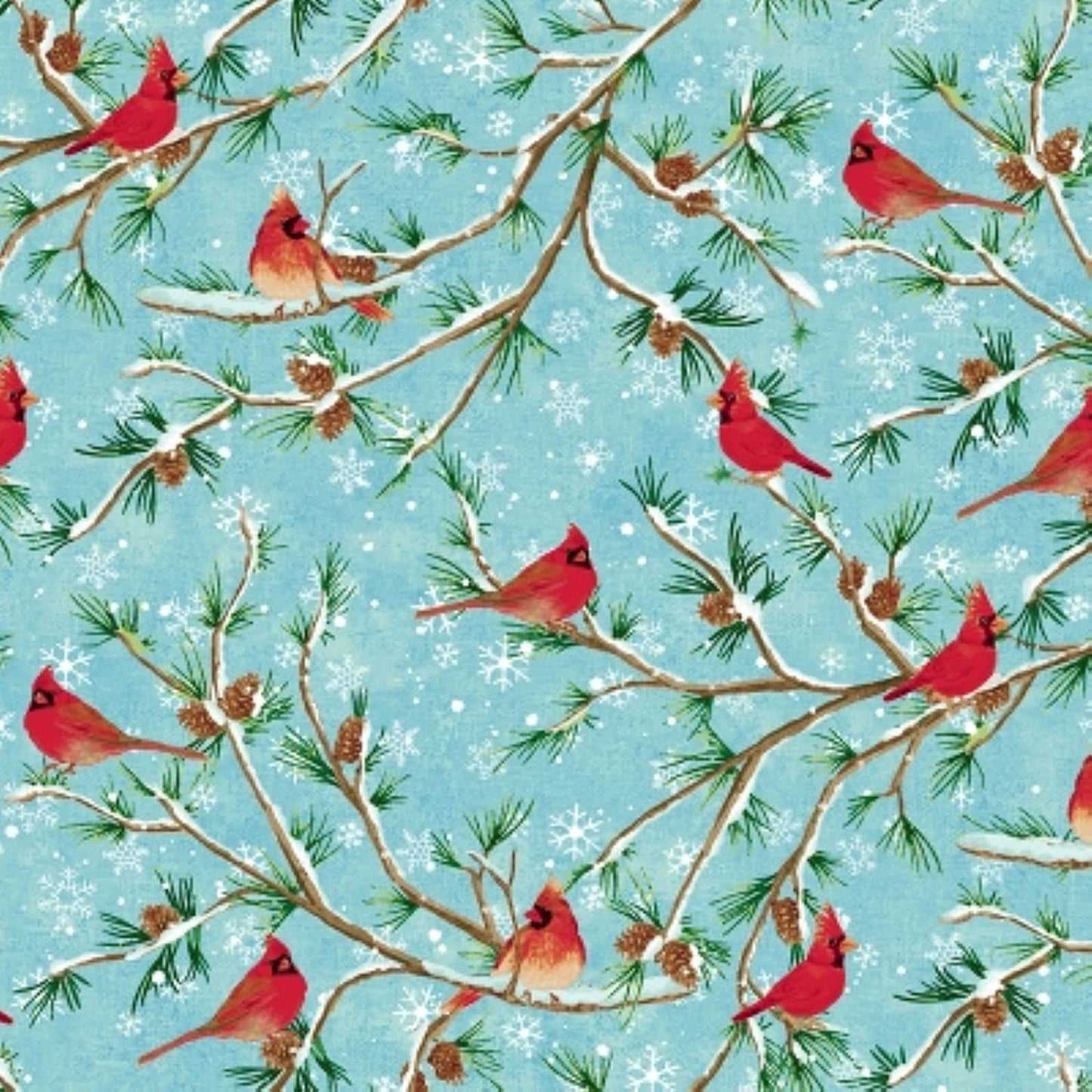 Cardinals pine branches snow Winterwood Howard Studio e Cotton Fabric
