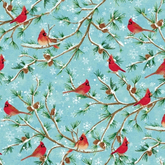 Cardinals pine branches snow Winterwood Howard Studio e Cotton Fabric