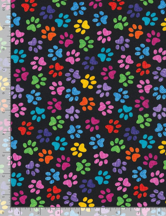 Crazy Cats Cat Paws Rainbow Paws Black Timeless Treasures Cotton Fabric TT-Gail-C9328-Black