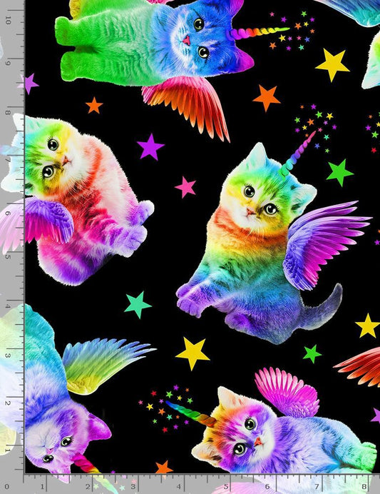 Cat Rainbow Unicorn Cats Black Timeless Treasures Cotton Fabric TT-CAT-CD7198-BLACK